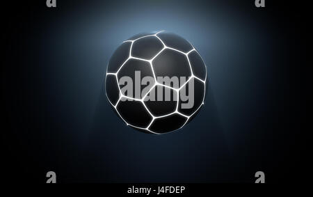 A futuristic sports concept of a black textured soccer ball lit with neon markings flying through dark space - 3D render Stock Photo