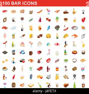 100 bar icons set, isometric 3d style Stock Vector