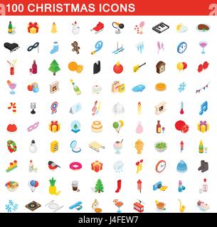 100 christmas icons set, isometric 3d style Stock Vector