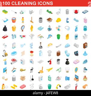 100 cleaning icons set, isometric 3d style Stock Vector