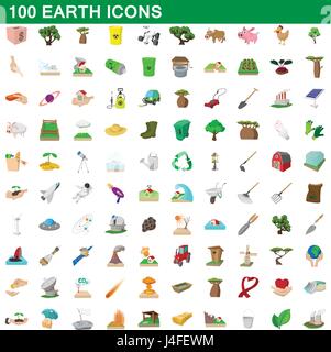 100 earth icons set, cartoon style Stock Vector