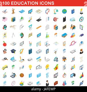 100 education icons set, isometric 3d style Stock Vector