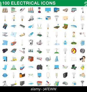 100 electrical icons set, cartoon style Stock Vector