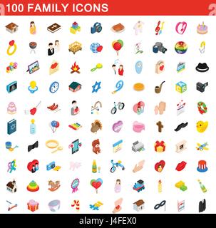 100 family icons set, isometric 3d style Stock Vector
