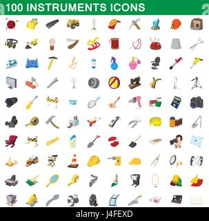 100 instruments icons set, cartoon style Stock Vector