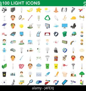 100 light icons set, cartoon style Stock Vector