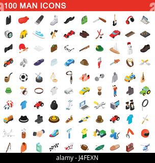 100 man icons set, isometric 3d style Stock Vector