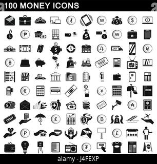 100 money icons set, simple style Stock Vector