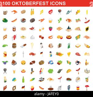 100 Oktoberfest icons set, isometric 3d style Stock Vector