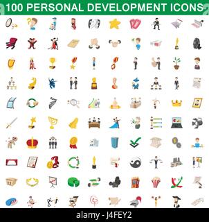 100 personal development icons set, cartoon style Stock Vector
