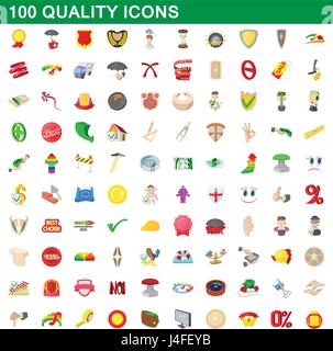 100 quality icons set, cartoon style Stock Vector