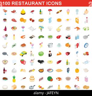 100 restaurant icons set, isometric 3d style Stock Vector