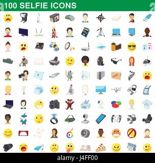 100 selfie icons set, cartoon style Stock Vector