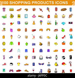 100 shopping products icons set, cartoon style Stock Vector