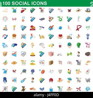 100 social icons set, cartoon style Stock Vector