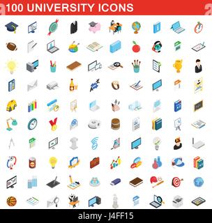 100 university icons set, isometric 3d style Stock Vector