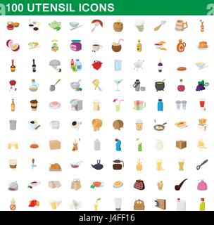 100 utensil icons set, cartoon style Stock Vector