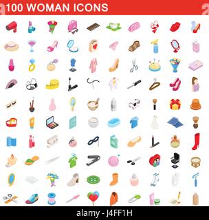 100 woman icons set, isometric 3d style Stock Vector