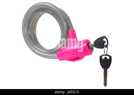 Macro of bike lock with keys isolated on white background Stock Photo