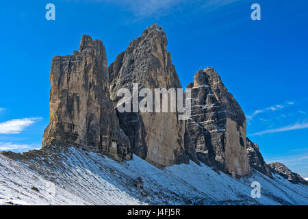 Onset of winter at the Three Peaks Mountains, Tre Cime di Lavaredo, Drei Zinnen, Sesto Dolomites, South Tyrol, Trentino-Alto Adige, Italy Stock Photo