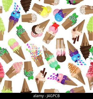 Ice cream cone seamless pattern. Flake and scoops of ice cream background. Endless ice cream cone and flake pattern Stock Vector