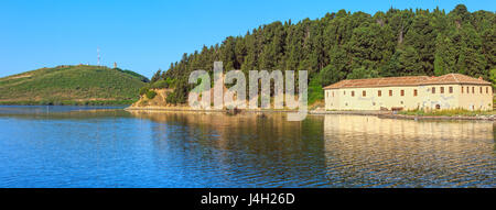 Monastery of Saint Mary on Zvernec island (Narta Lagoon, Vlore, Albania). Two shots high-resolution stitch panorama. Stock Photo