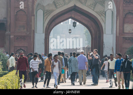 Tourists walking around the Agra Fort's Diwan-I-Aam, or Hall of Public Audience, located in Agra, India. Stock Photo