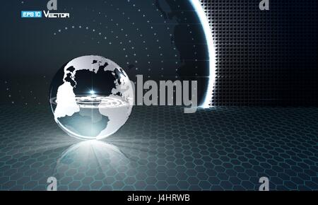 Abstract background with transparent sphere, with blue colors and glow and futuristic elements, hexagons . Used a clipping mask. Used opacity masks an Stock Vector