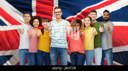 people showing thumbs up over english flag Stock Photo