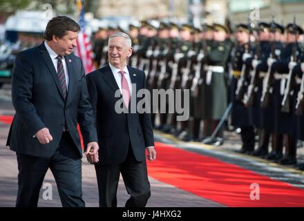 U.S. Secretary of Defense James Mattis is escorted by Lithuanian Defence Minister Raimundas Karoblis during a review of the honor guard on arrival for meetings at the Ministry of Defence May 10, 2017 in Vilnius, Lithuania. Stock Photo
