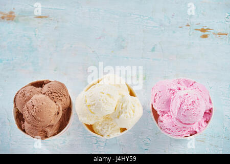 Chocolate, vanilla and strawberry ice cream. Stock Photo
