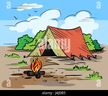 Hiking, camping outdoor recreation concept with tent, trees, bonfire. Stock Vector