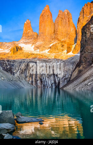 Laguna torres with the towers at sunrise, Torres del Paine National Park, Patagonia, Chile Stock Photo