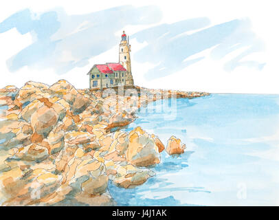 Lighthouse on rocky coast. Graphite pencil and watercolor on paper. Stock Photo