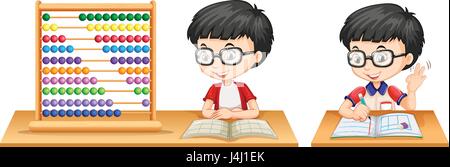 Boy studying math using abacus illustration Stock Vector