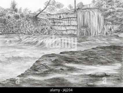 River with waterfall and cliff. Graphite pencil on paper. Stock Photo