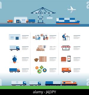 Shipping, air transport, trucks, trains; sea freight, production, warehouse, selling and delivery process vector illustration. Logistic delivery templ Stock Vector