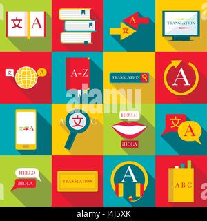 Translator profession icons set, flat style Stock Vector