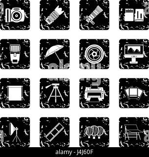 Photography icons set, grunge style Stock Vector