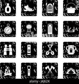 Camping icons set, grunge style Stock Vector