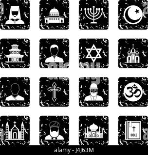 Religion icons set, grunge style Stock Vector
