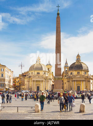 Rome, Italy.  Piazza del Popolo with Egyptian obelisk and twin churches of Santa Maria di Montesanto on the left and Santa Maria dei Miracoli on the r
