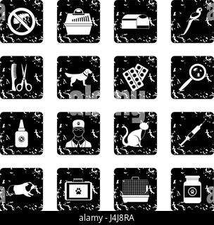 Veterinary set icons, grunge style Stock Vector