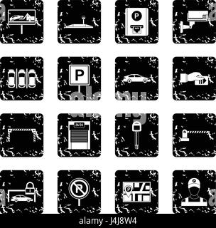 Car parking set icons, grunge style Stock Vector