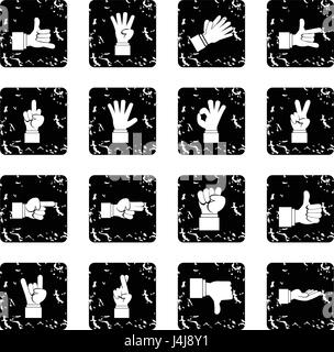 Hand gesture set icons, grunge style Stock Vector