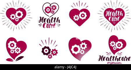 Health, healthcare logo. Heart, gears, vital energy icon or symbol. Label vector illustration Stock Vector