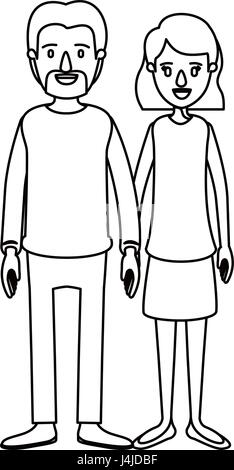 silhouette caricature full body couple woman with wavy short hair in skirt and man in casual clothing Stock Vector