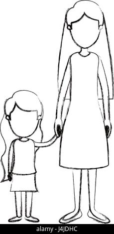 blurred silhouette cartoon full body faceless mother taken hand with girl Stock Vector