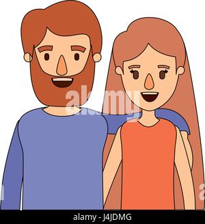 color image caricature half body couple woman with long hair and bearded man Stock Vector