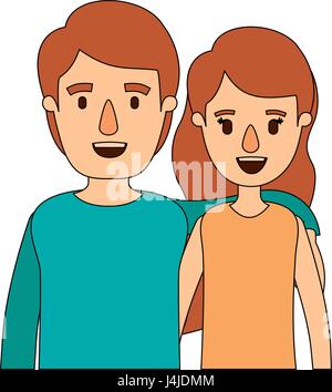 color image caricature half body couple woman with short wavy hair and man Stock Vector